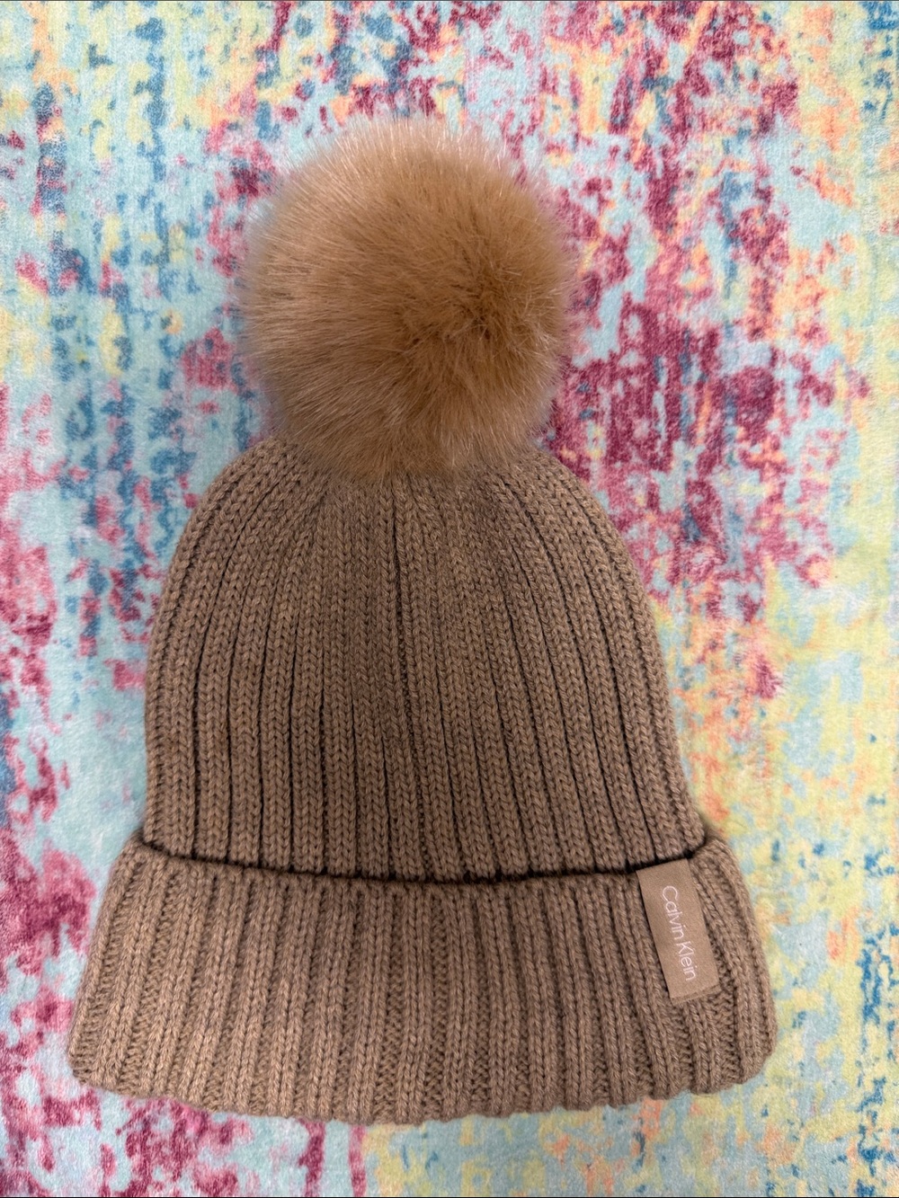 Calvin Klein Tan Ribbed Pom Beanie